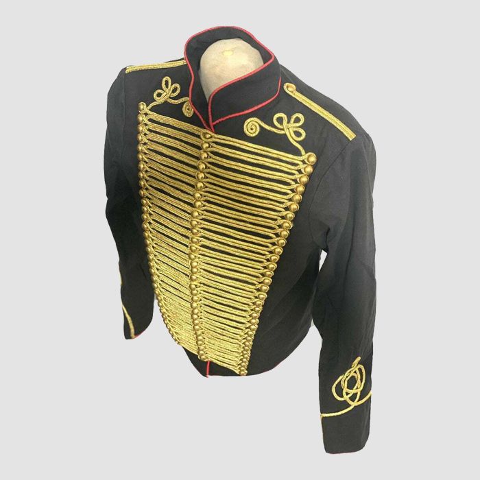 Ceremonial Black Hussar Military Uniform Gold Braided Men Jacket