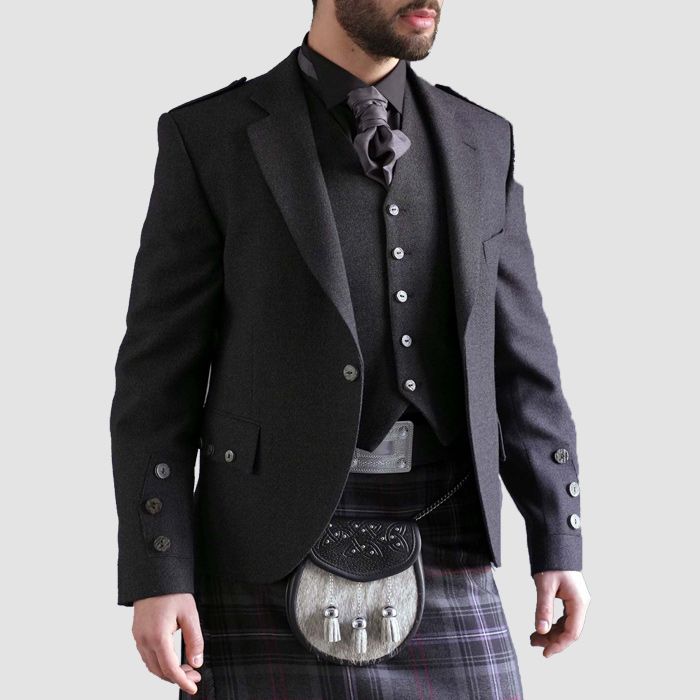 Men Grey Tweed Jacket With Waistcoat Jacket Prince Charlie