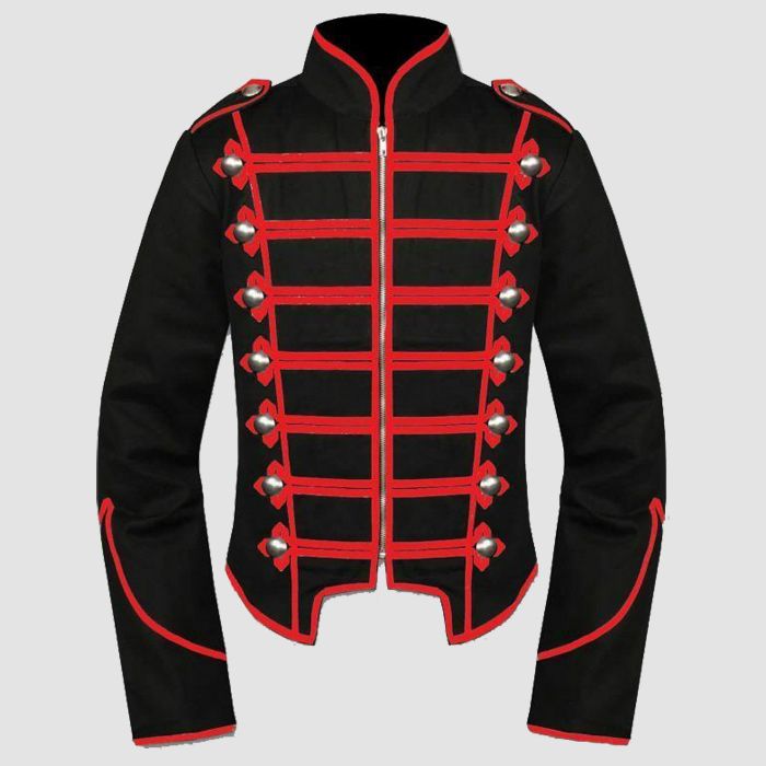 Mens Military Jacket Black Red Military Drummer Jacket