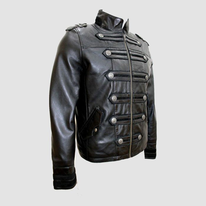 Men's Classic Military Parade Style Black Napa Leather Jacket