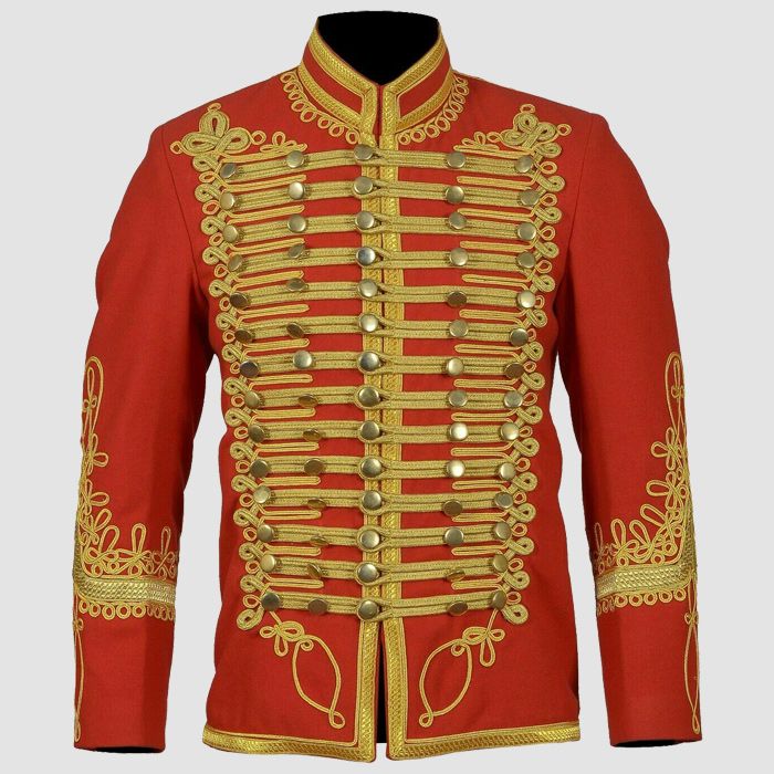 Men's Red Napoleonic Hussar Uniform Military Gold Braided Jacket
