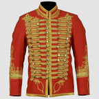 Men's Red Napoleonic Hussar Uniform Military Gold Braided Jacket