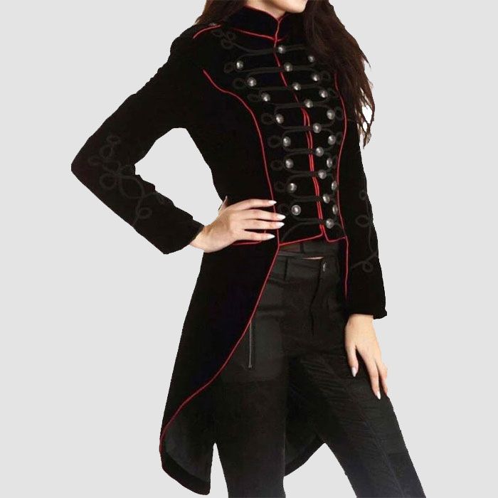 Halloween Ladies Velvet Long Tail Coat Black Gothic Steampunk Military Coat