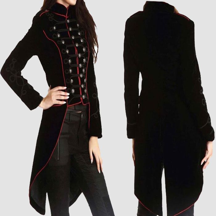 Halloween Ladies Velvet Long Tail Coat Black Gothic Steampunk Military Coat