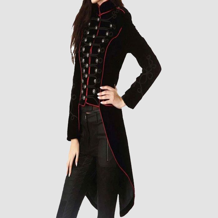 Halloween Ladies Velvet Long Tail Coat Black Gothic Steampunk Military Coat