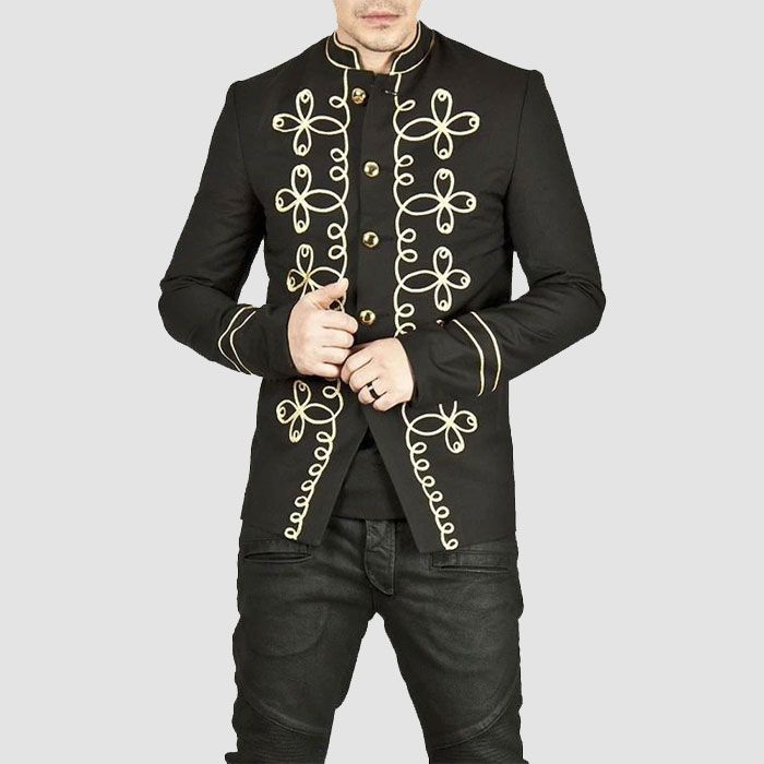 Gold Embroidery Black Military Napoleon Hook Jacket Cotton