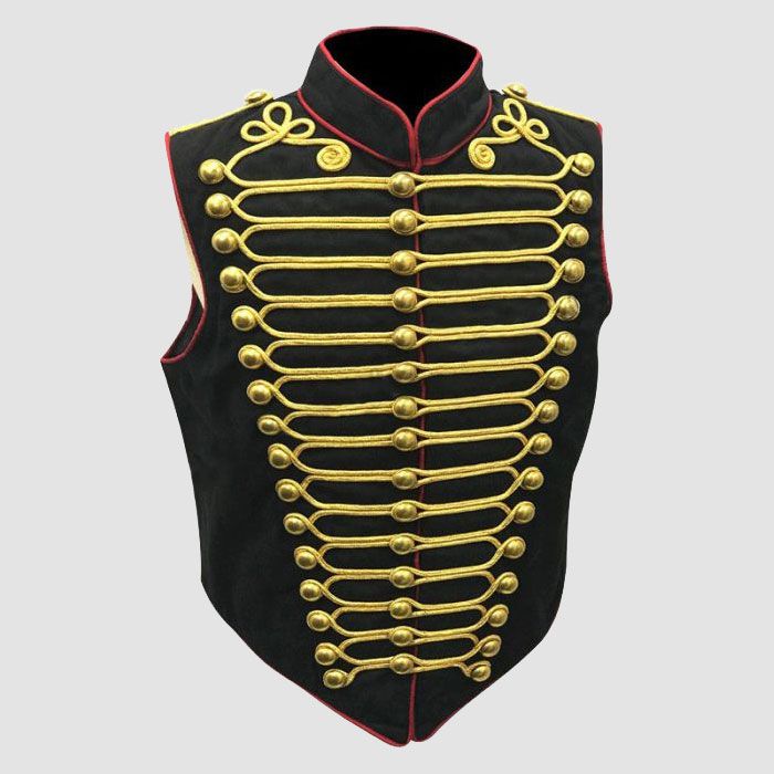 Men Steampunk Military Army Black Red With Gold Brass Buttons