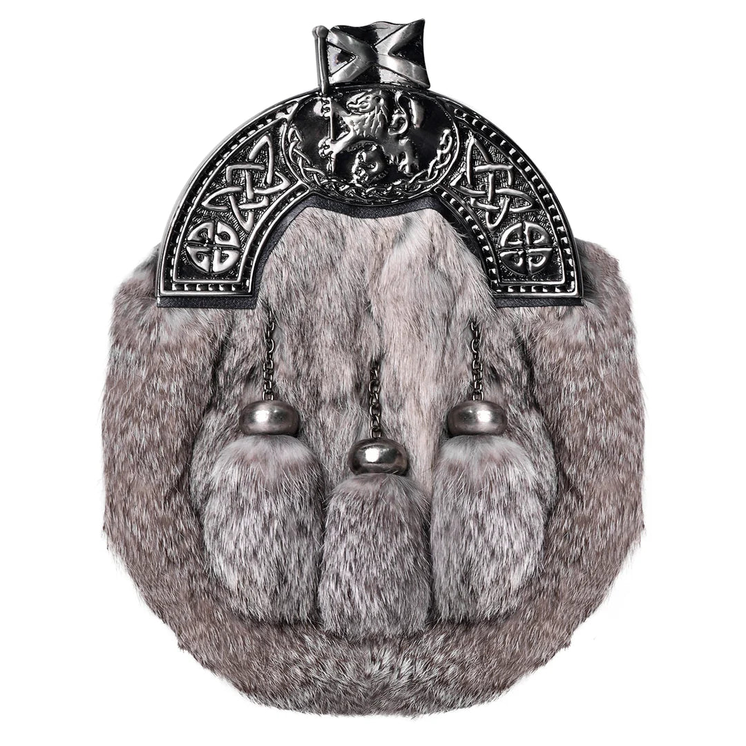 Formal Gray Rabbit Fur Sporran with Gray Lion Antique Cantle