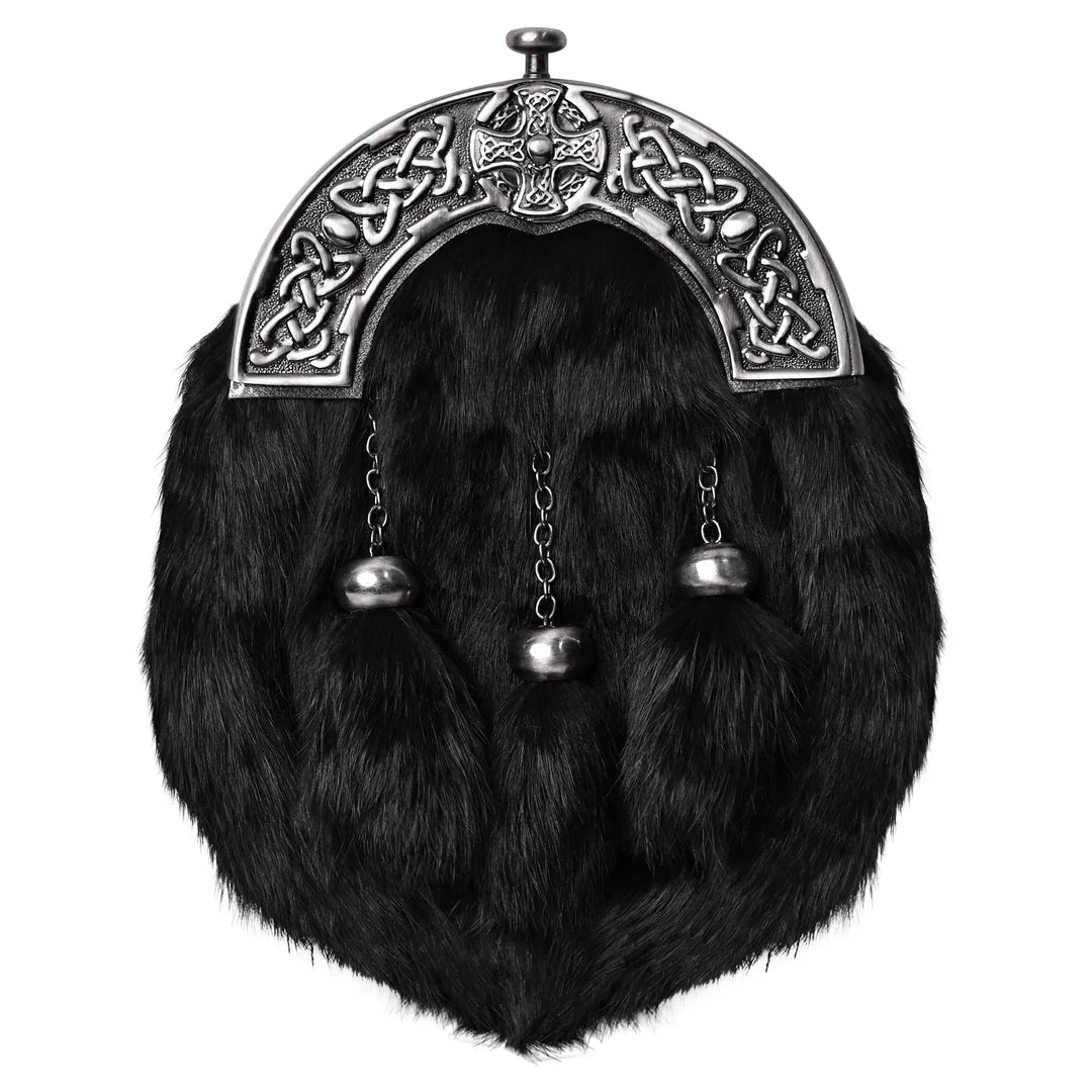 Formal Black Rabbit Fur Sporran with Black Cross Antique Cantle