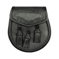 Black Grained Leather Celtic Design Sporran With 3 Knotted Tassels