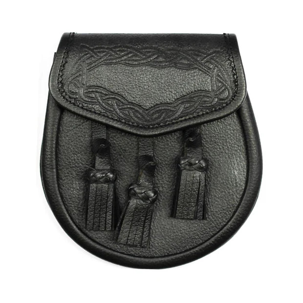 Black Grained Leather Celtic Design Sporran With 3 Knotted Tassels
