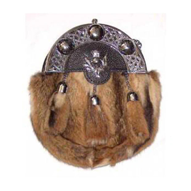 Brown Grained Leather Celtic Sporran Rabbit Fur Thistle badge
