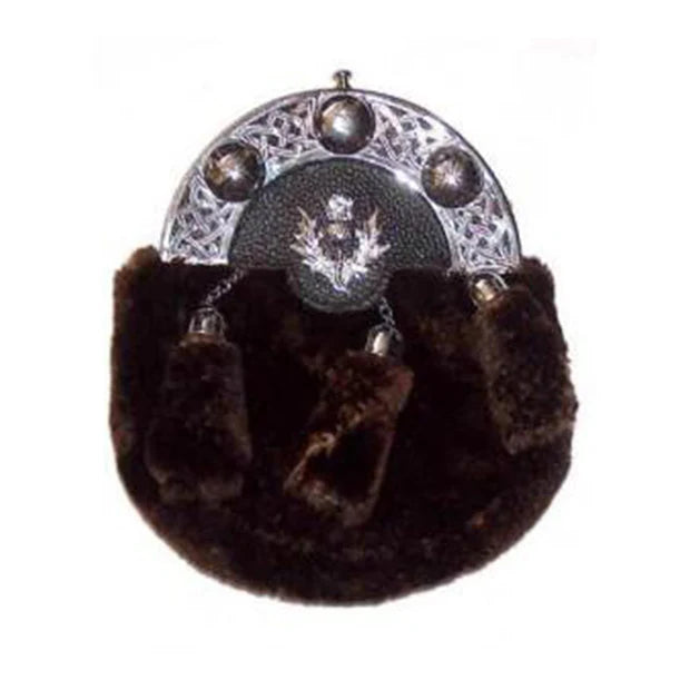 Brown Grained Leather Celtic Sporran Rabbit Fur With 3 Tassels