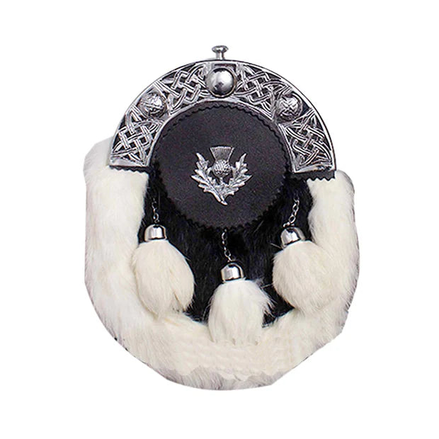 White Grained Leather Celtic Sporran White Rabbit Fur Thistle Badge