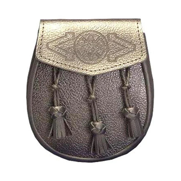 Black Grained Leather Sporran 3 Knotted Tassels And Chain Belt