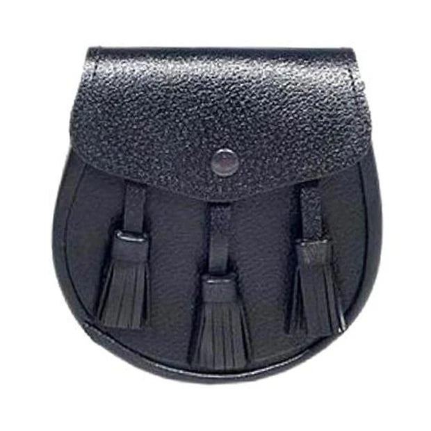 Black Grained Leather Sporran 3 Tassels With Chain Belt
