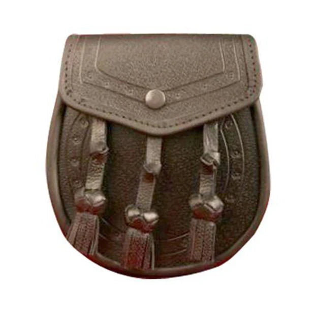 Brown Grained Leather Sporran Plain Lining With 3 Tassels