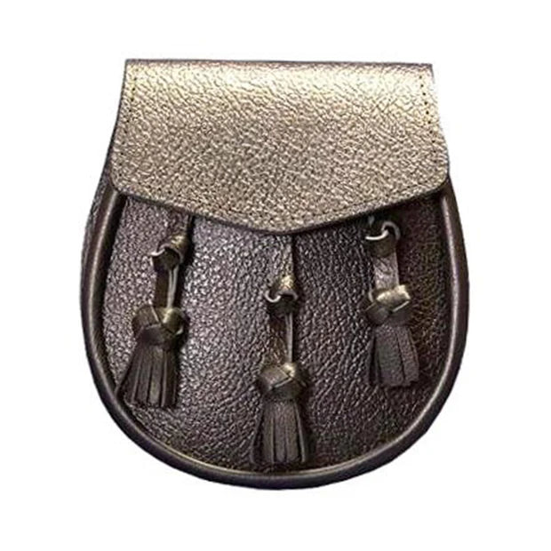 Brown Grained Leather Sporran With 3 Knotted Leather Tassels