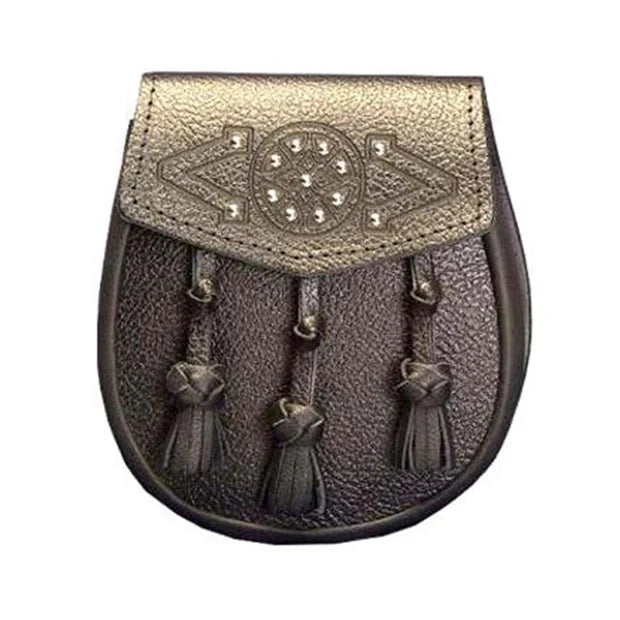 Brown Leather Grained Leather Sporran With 3 Knotted Tassels