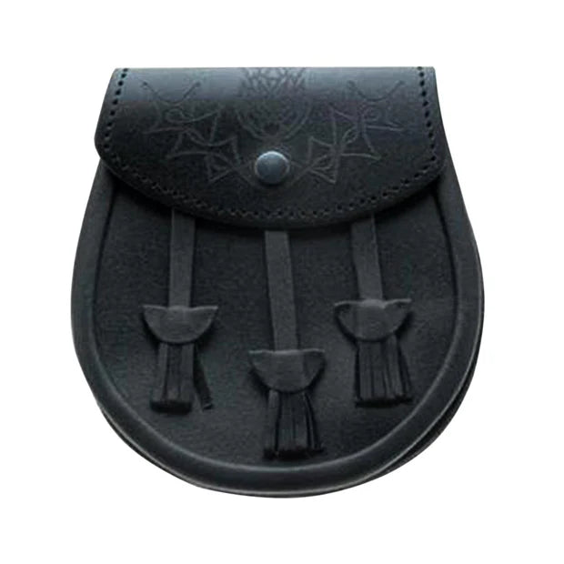 Black Grained Leather Sporran With 3 Plain Leather Tassels