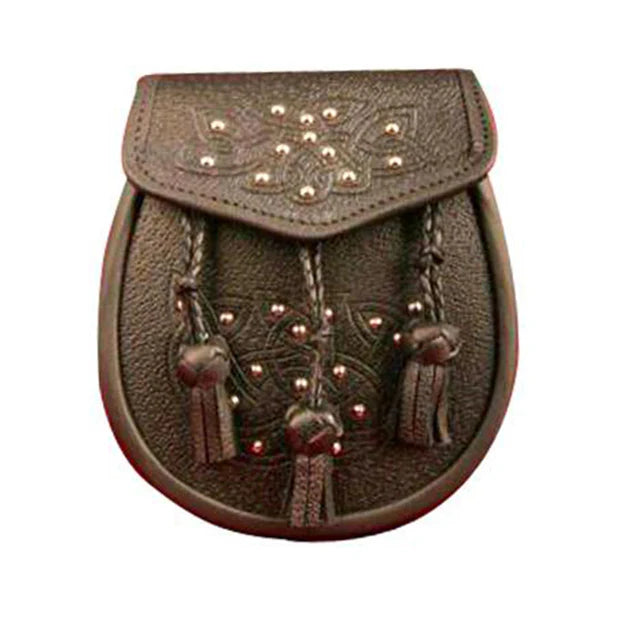 Brown Grained Leather Sporran With 3 Tassels And Chain Belt