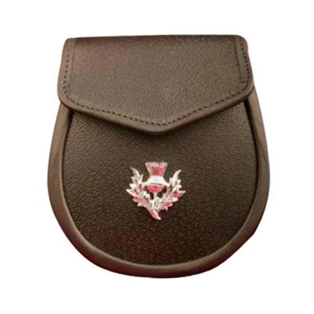 Brown Grained Leather Sporran With Thistle Flower Badge