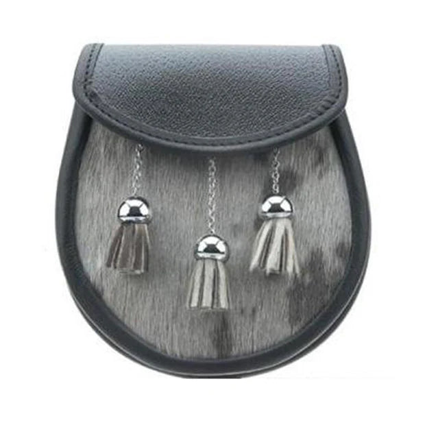 Black Leather Sporran Buffalo Skin Front With 3 Chain Tassels