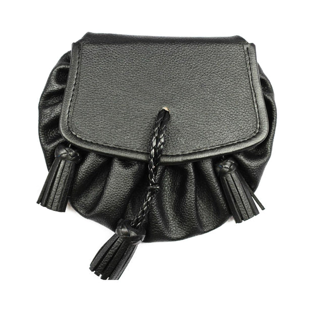 Black Plain Leather Sporran With 5 Tassels And Chain Belt