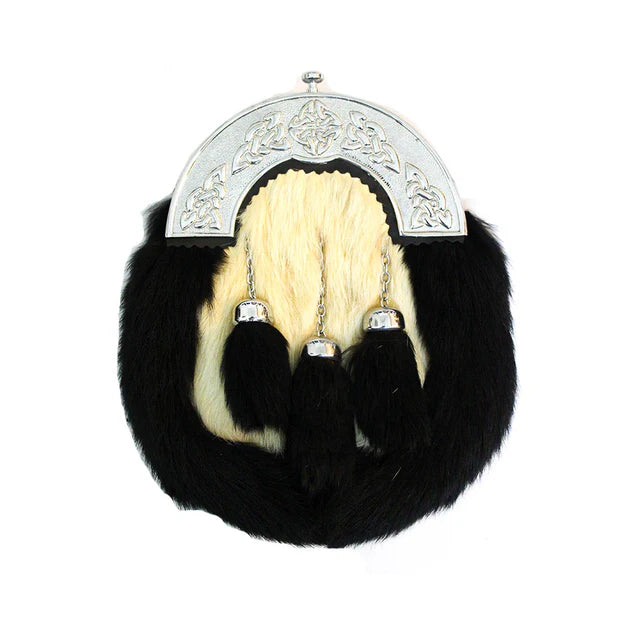 Rabbit White And Black Fur Sporran Celtic Design Cantel With 3 Tassels