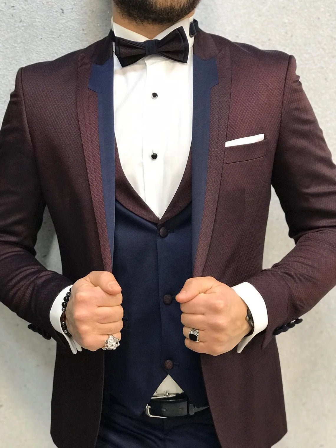 Men's Burgundy Satin Peak Lapel Slim Fit Tuxedo 3 Piece Suit
