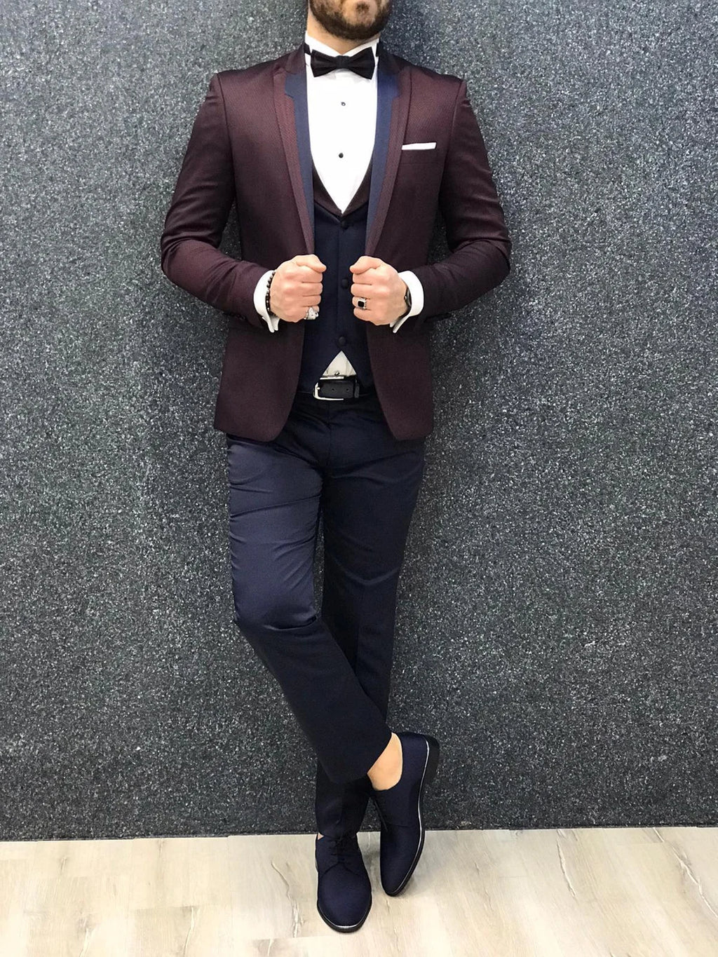 Men's Burgundy Satin Peak Lapel Slim Fit Tuxedo 3 Piece Suit