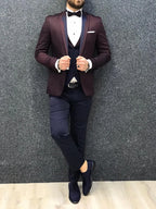 Men's Burgundy Satin Peak Lapel Slim Fit Tuxedo 3 Piece Suit
