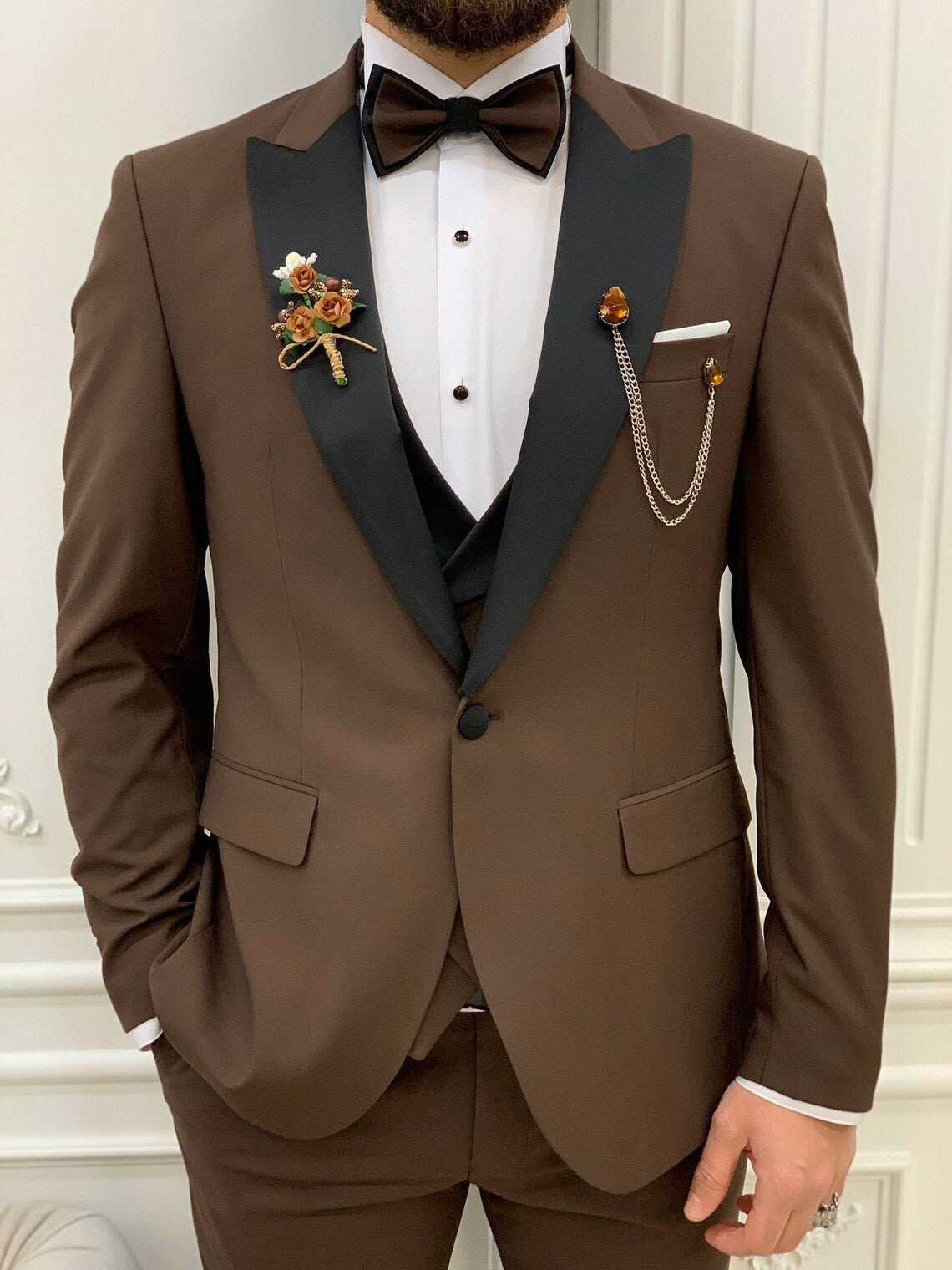 Brown Slim Fit 3 Piece Suit Peak Lapel Tuxedo