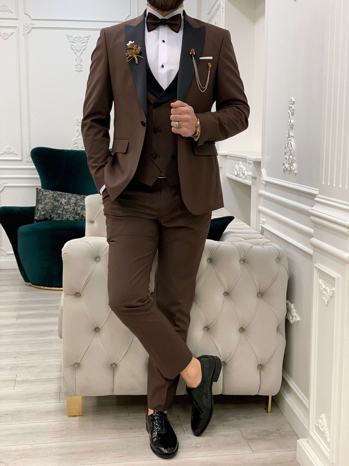 Brown Slim Fit 3 Piece Suit Peak Lapel Tuxedo