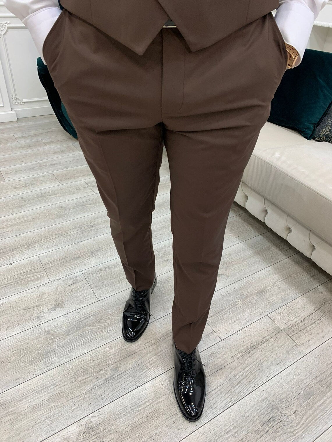 Brown Slim Fit 3 Piece Suit Peak Lapel Tuxedo