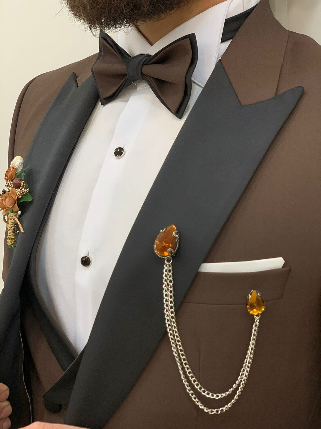 Brown Slim Fit 3 Piece Suit Peak Lapel Tuxedo