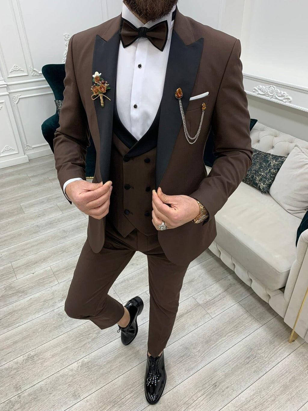 Brown Slim Fit 3 Piece Suit Peak Lapel Tuxedo