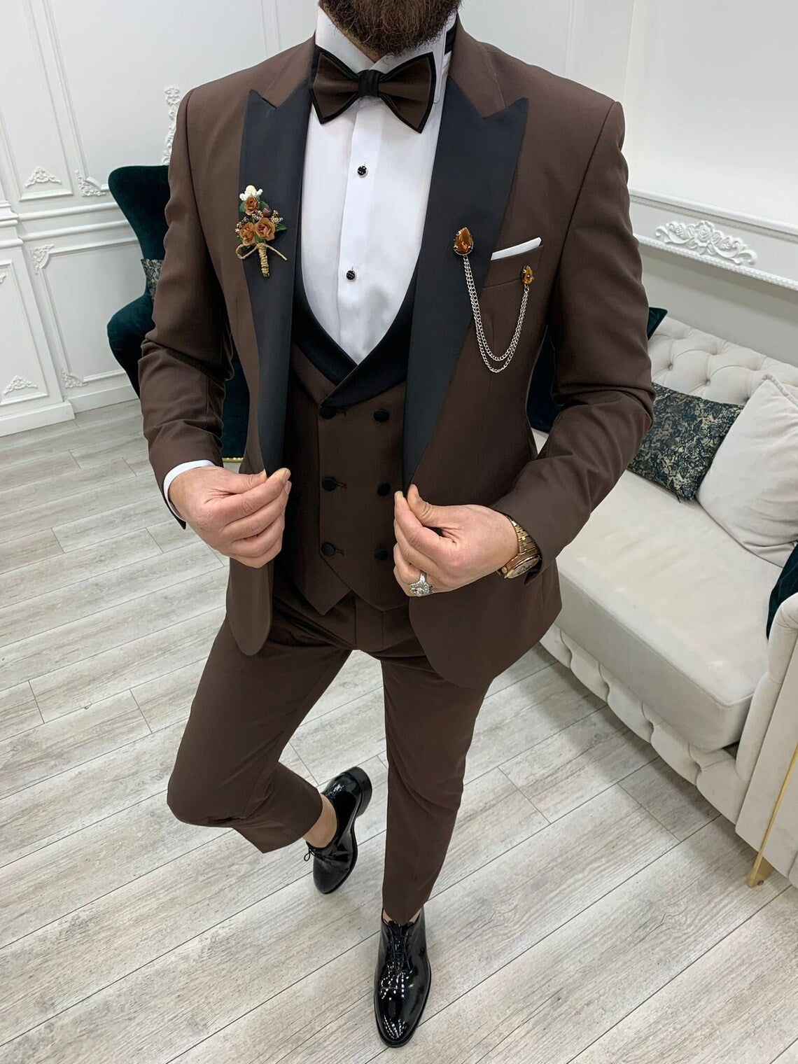 Brown Slim Fit 3 Piece Suit Peak Lapel Tuxedo
