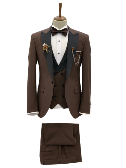 Brown Slim Fit 3 Piece Suit Peak Lapel Tuxedo