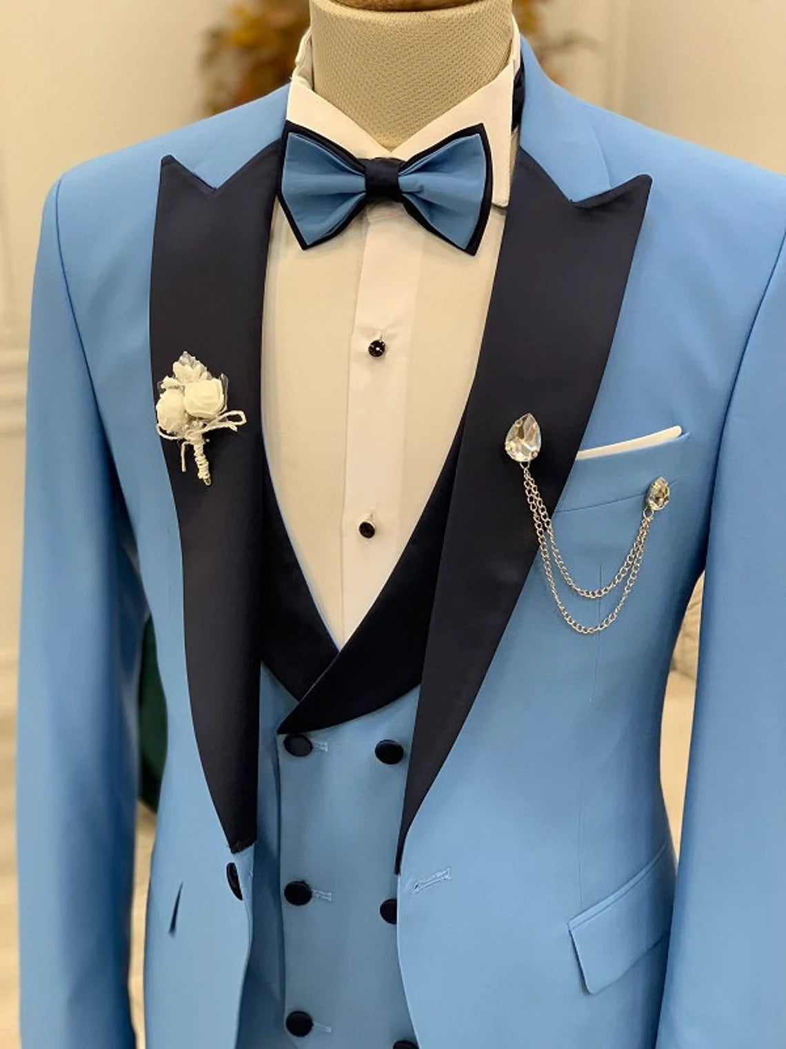 Azure Blue Slim Fit Tuxedo Men's 3 Piece Peak Lapel Suit