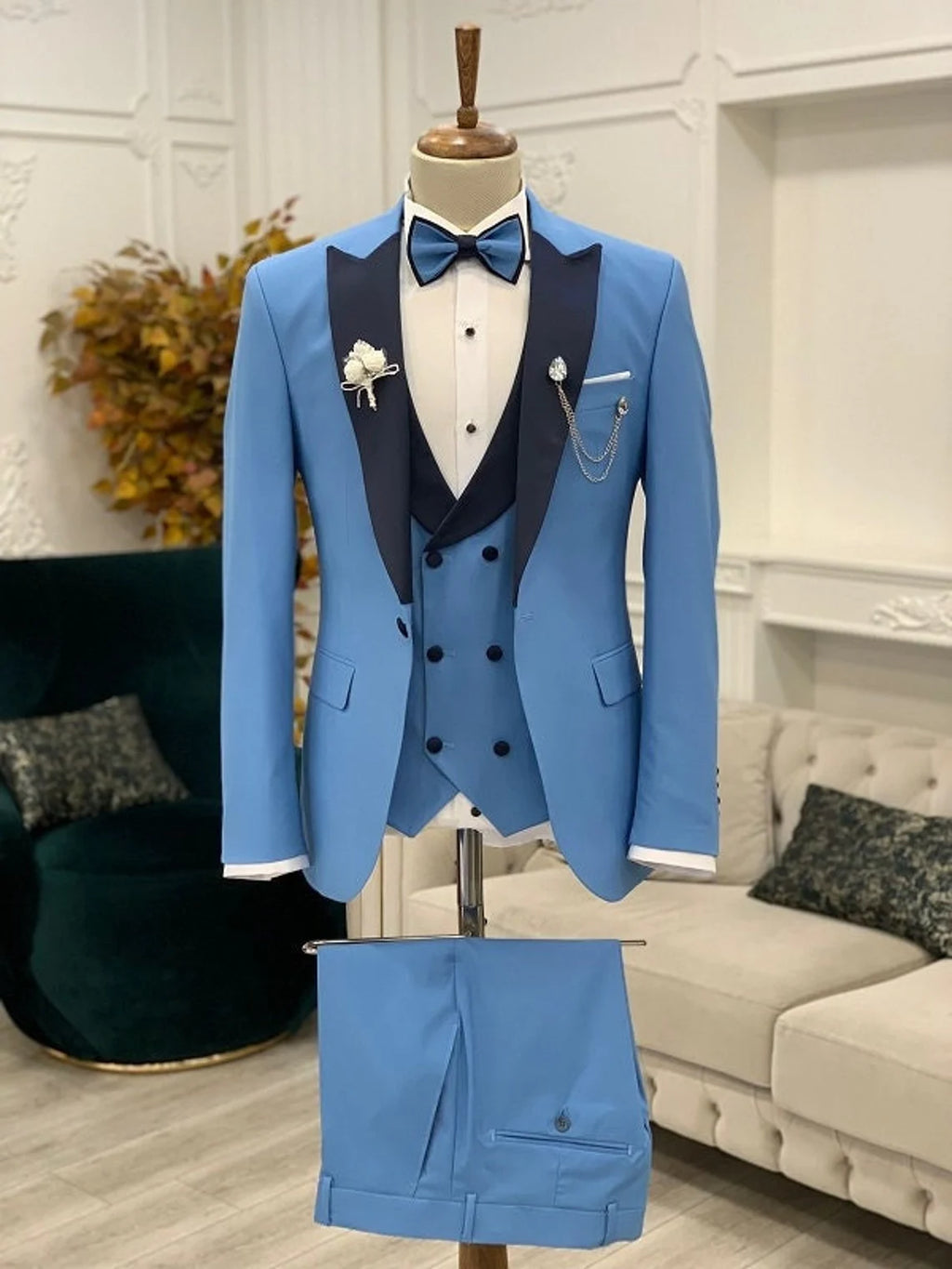 Azure Blue Slim Fit Tuxedo Men's 3 Piece Peak Lapel Suit