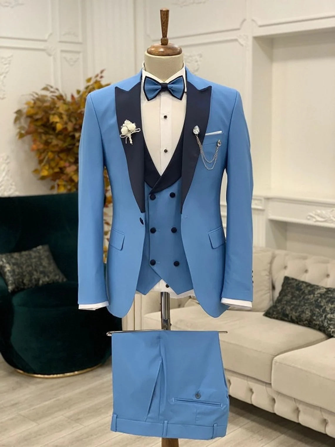 Azure Blue Slim Fit Tuxedo Men's 3 Piece Peak Lapel Suit