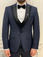 Navy Blue Slim Fit Tuxedo 3 Piece Peak Lapel Suit