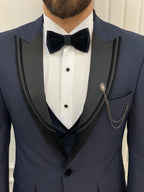 Navy Blue Slim Fit Tuxedo 3 Piece Peak Lapel Suit
