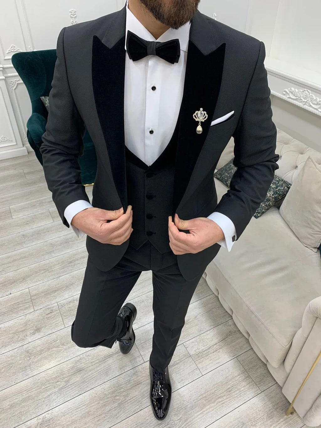Black Velvet Tuxedo Suit Slim Fit Peak Lapel 3 Piece