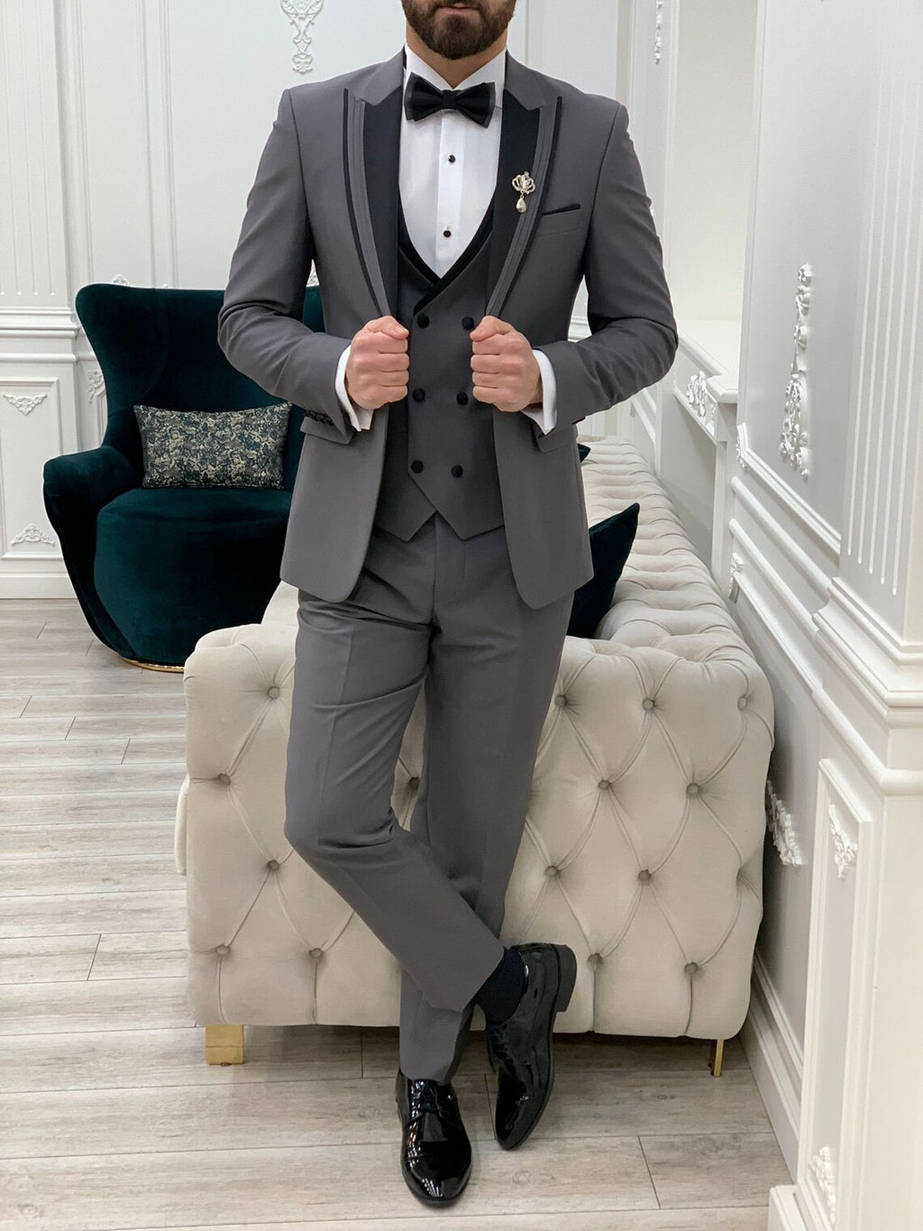 Grey Tuxedo Suit Slim Fit Peak Lapel 3 Piece