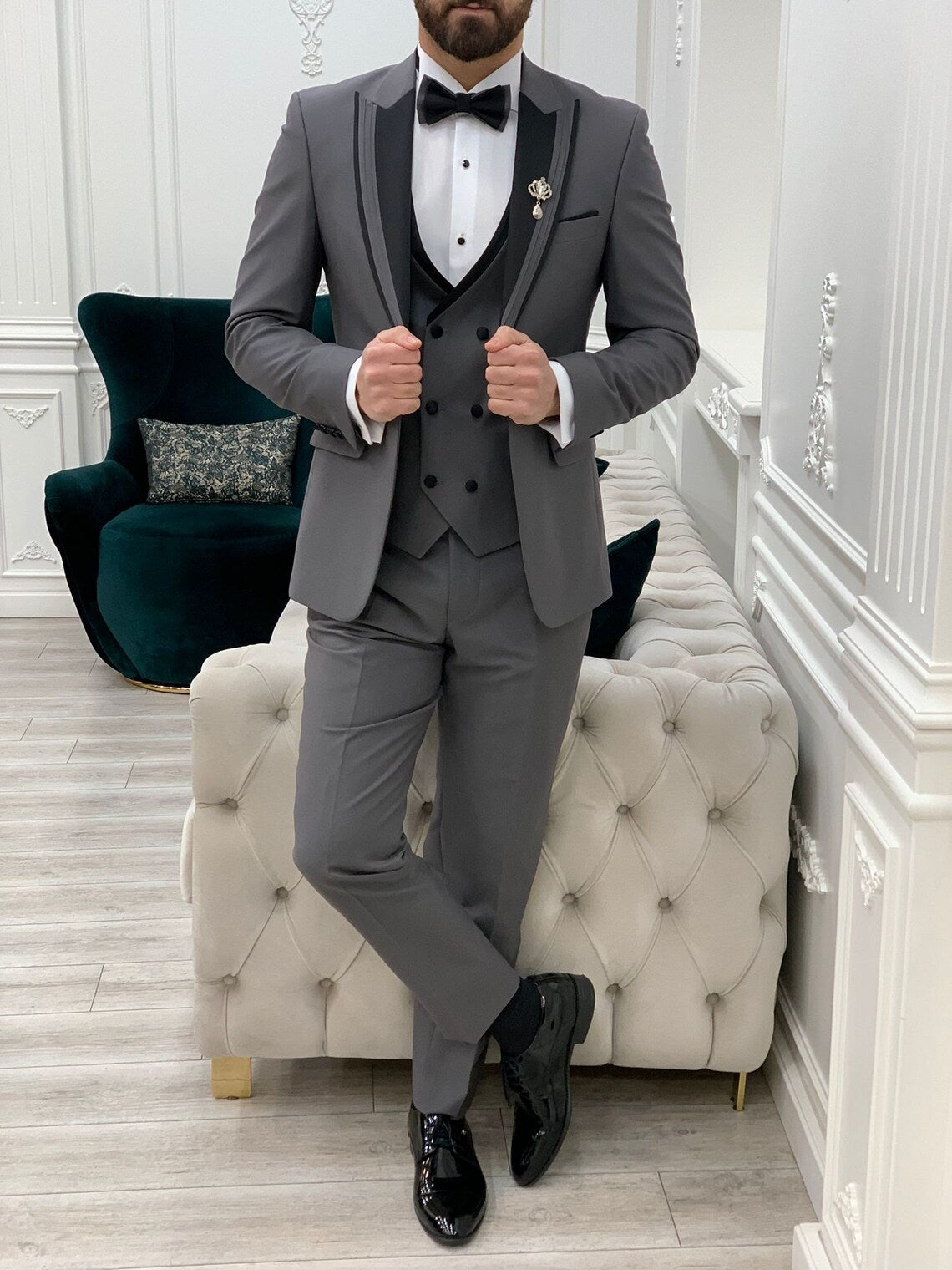 Grey Tuxedo Suit Slim Fit Peak Lapel 3 Piece