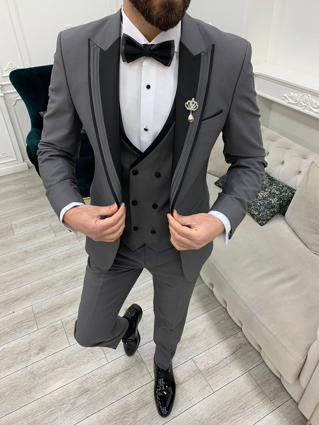 Grey Tuxedo Suit Slim Fit Peak Lapel 3 Piece