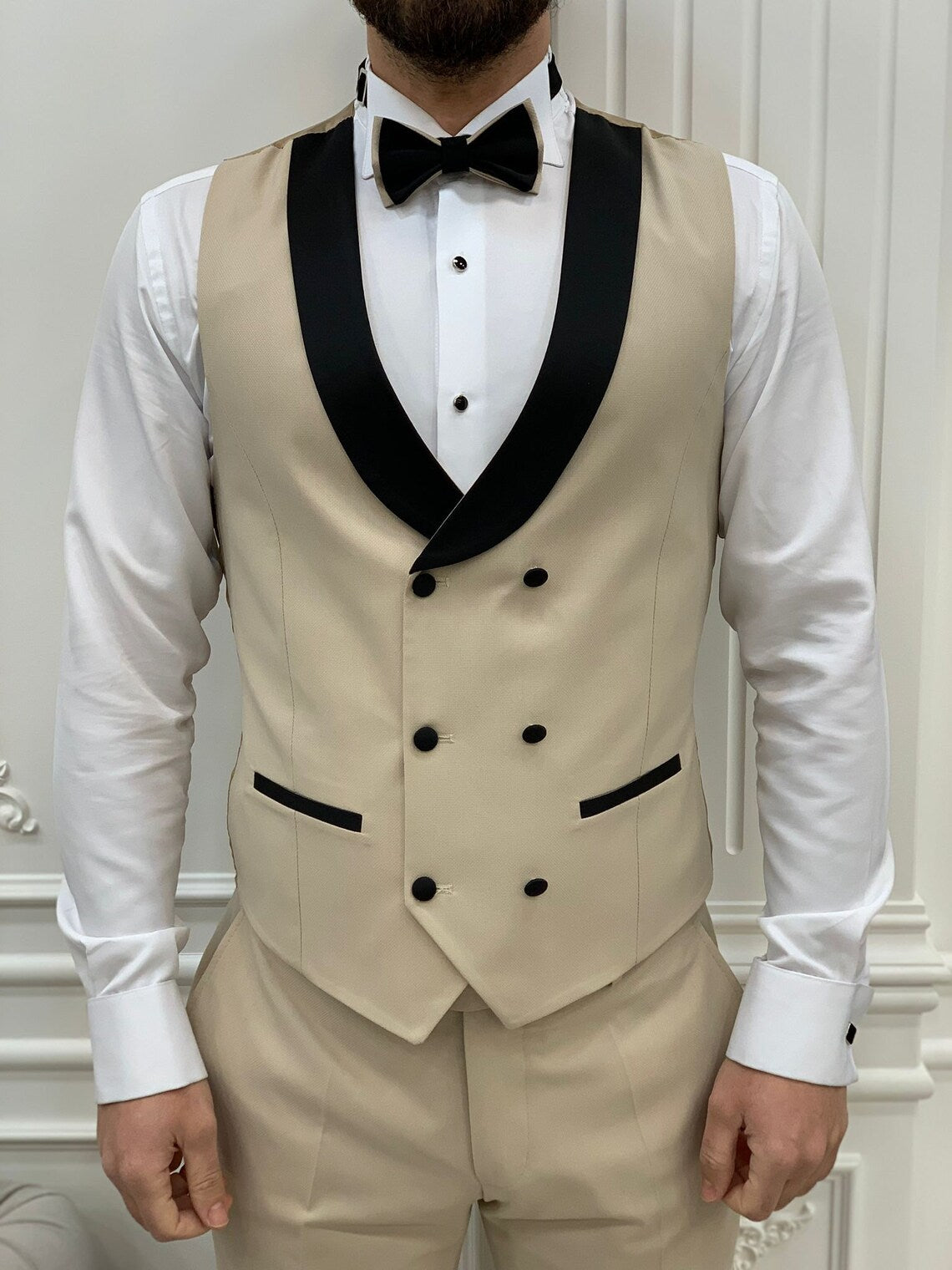 Beige Slim Fit 3 Piece Suit Peak Lapel Tuxedo