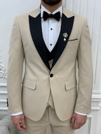 Beige Slim Fit 3 Piece Suit Peak Lapel Tuxedo